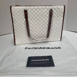 NWT Packuum Bag White with Tan Lunch Tote Laptop